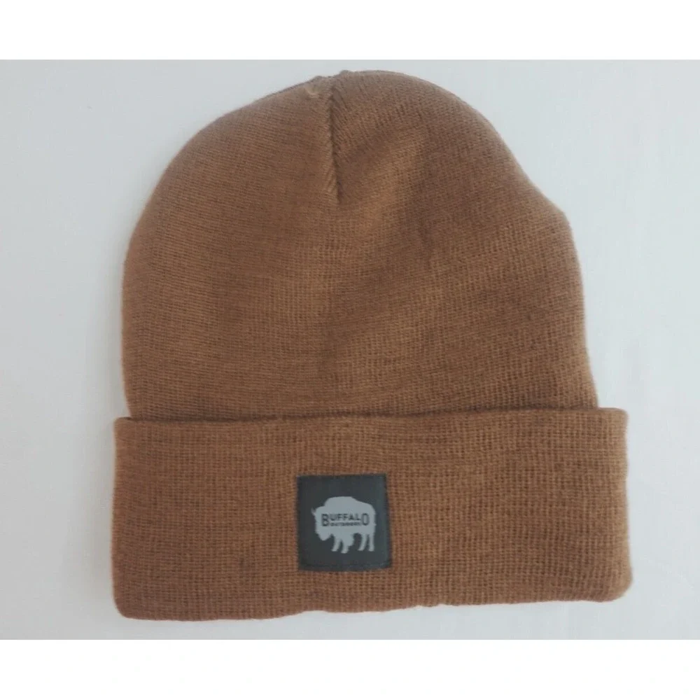 Buffalo Outdoors Brown‎ Knit Cuffed Beanie Hat Logo Patch Unisex Streetwear